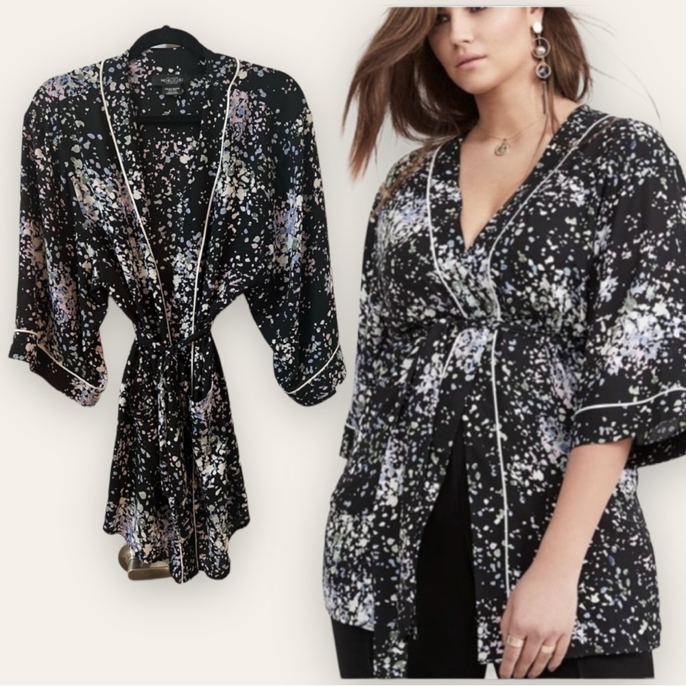 ADDITION ELLE - Michel Studios Collection - Dark Floral Printed Kimono Tie Shirt